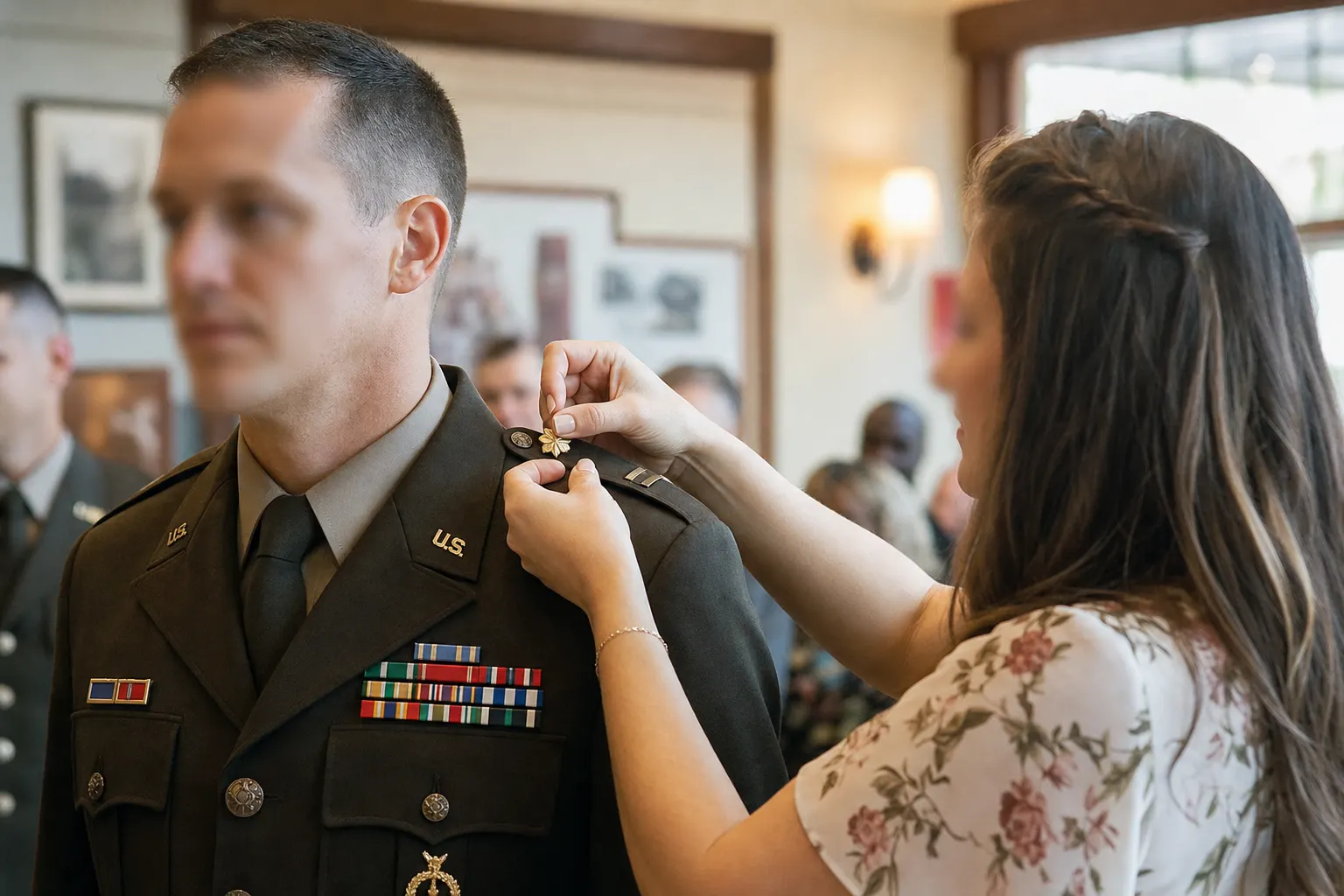 Spouse pinning Major oak-leaf insignia — illustrative U.S. Army promotion moment